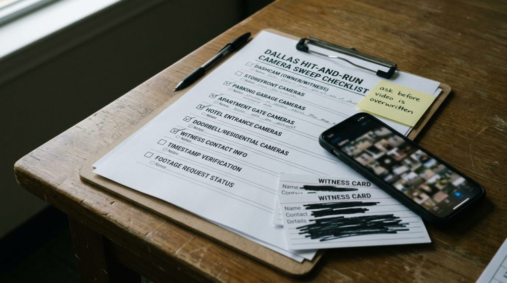 Dallas hit and run camera sweep checklist with parking garage apartment gate storefront dashcam and timestamp notes