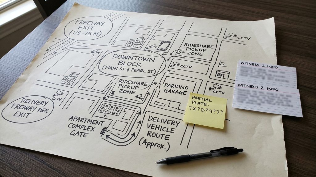 Dallas hit and run evidence map with freeway downtown rideshare parking garage apartment and delivery vehicle camera notes