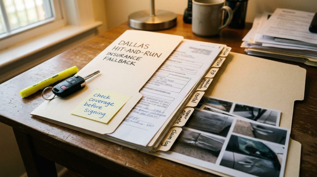 Dallas hit and run insurance fallback file with uninsured motorist collision medical payments rental and claim log tabs