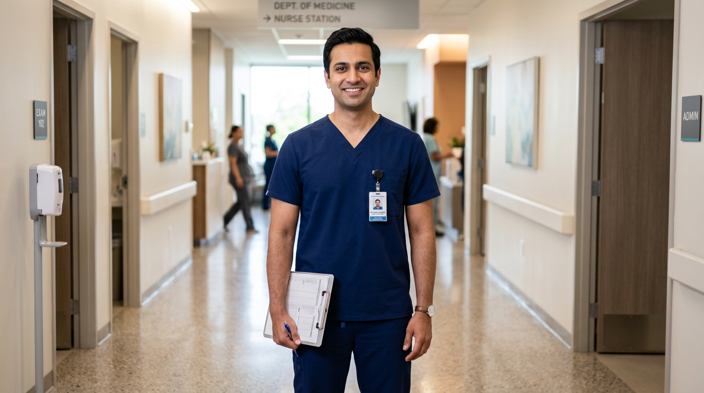 Male healthcare professional wearing a well-fitted scrub top in a clinic hallway